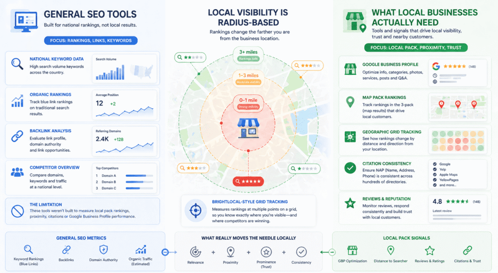 Split-concept illustration for a best SEO tools for small businesses article showing general SEO tools compared with local SEO tools and signals, including map pack rankings, geographic grid tracking, citation consistency, Google Business Profile optimization, and how local visibility changes with distance.