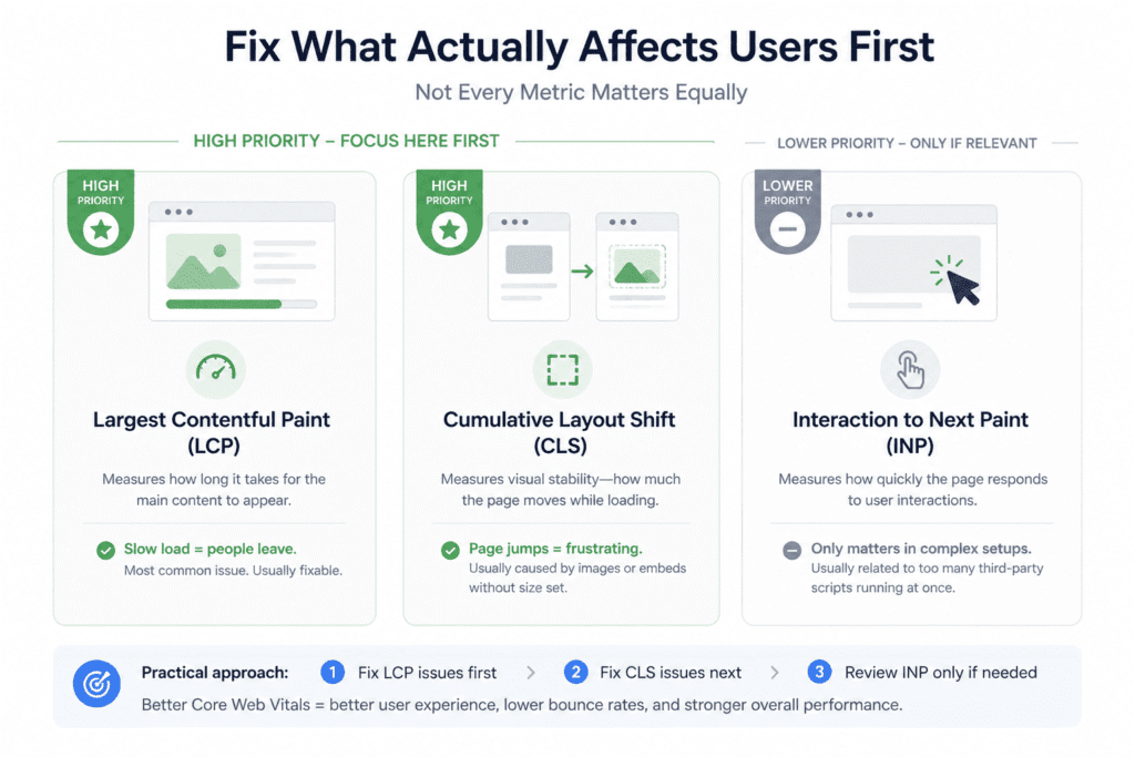 Core Web Vitals prioritization in a complete SEO audit for a small business website showing LCP and CLS as key metrics and INP as secondary