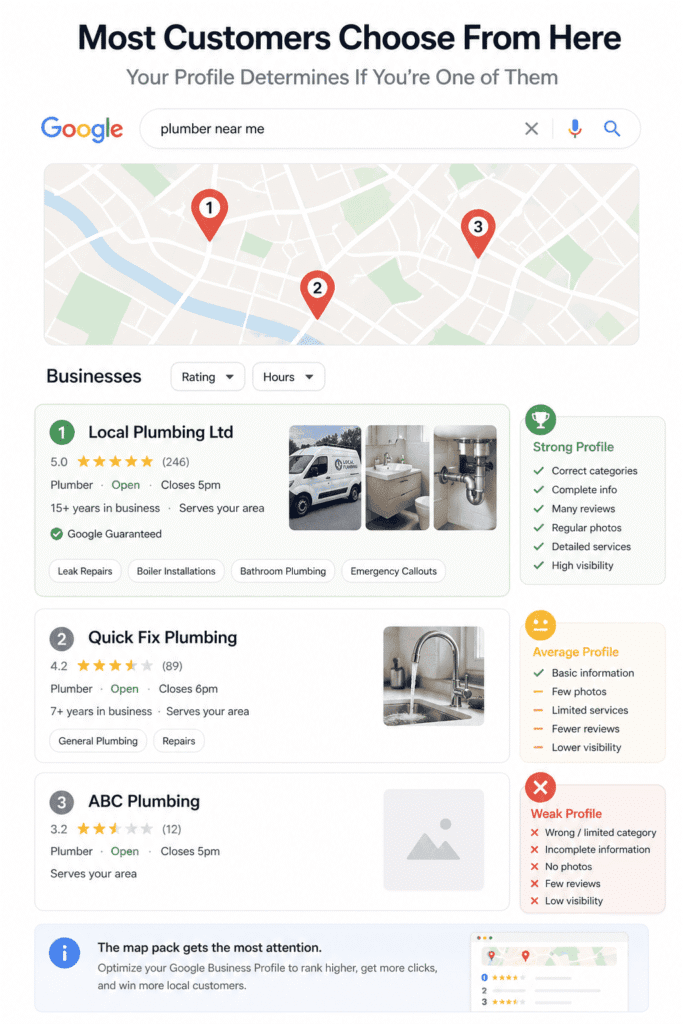 Google map pack results in a complete SEO audit for a small business website showing optimized versus incomplete Google Business Profiles