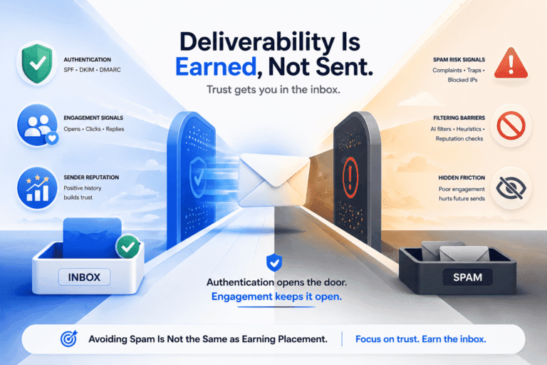 Featured illustration about email deliverability for small businesses showing the tension between trusted inbox placement and spam filtering, with authentication, engagement signals, sender reputation and filtering barriers shaping whether emails reach the inbox.