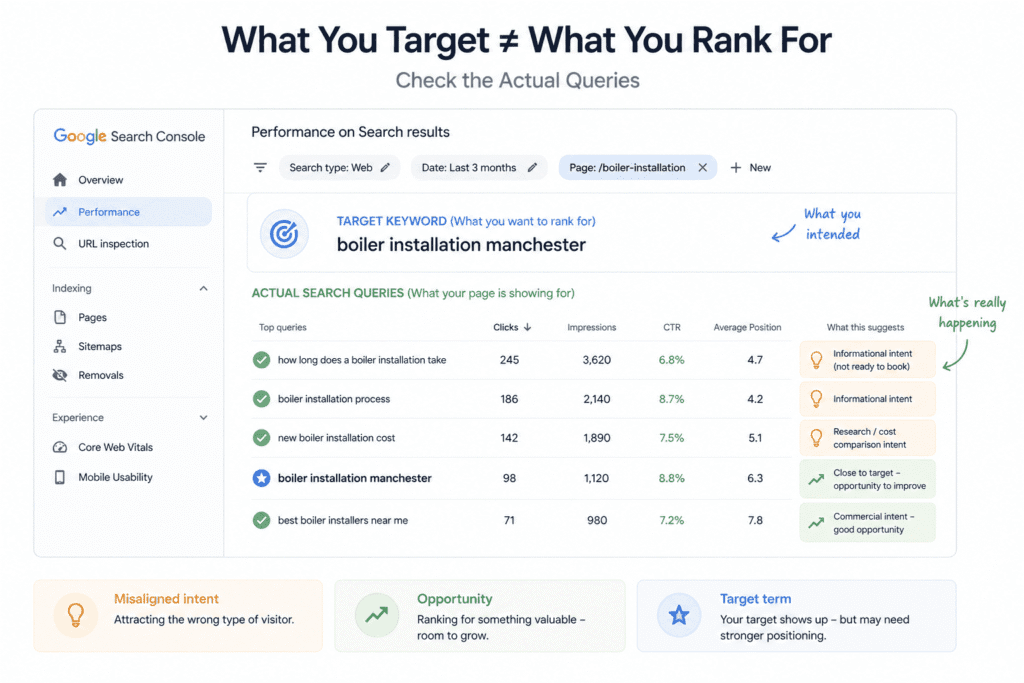 Google Search Console query data showing difference between target keyword and actual rankings in a complete SEO audit for a small business website