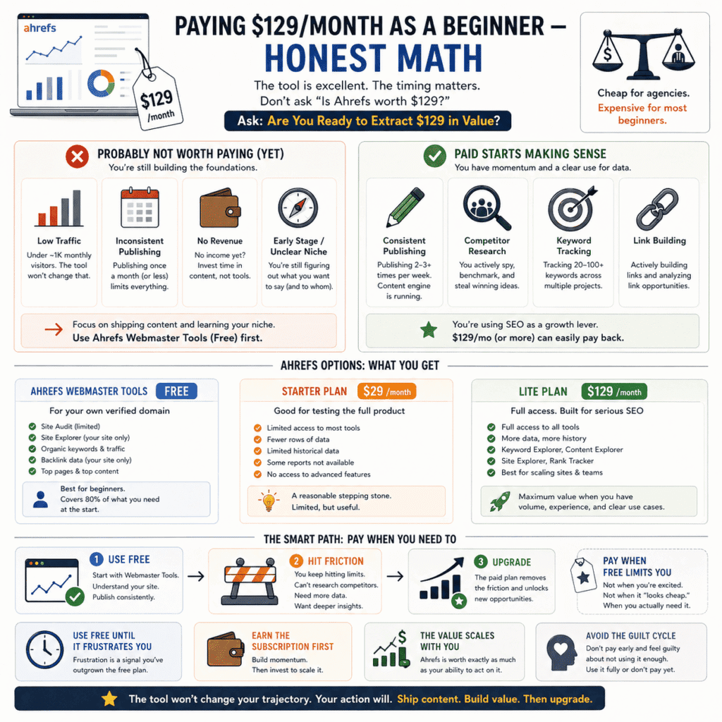 Ahrefs for beginners: pricing template comparing free Webmaster Tools, the $29 Starter plan, and the $129 Lite plan, showing when paying for Ahrefs makes sense based on traffic, publishing momentum, and SEO needs.