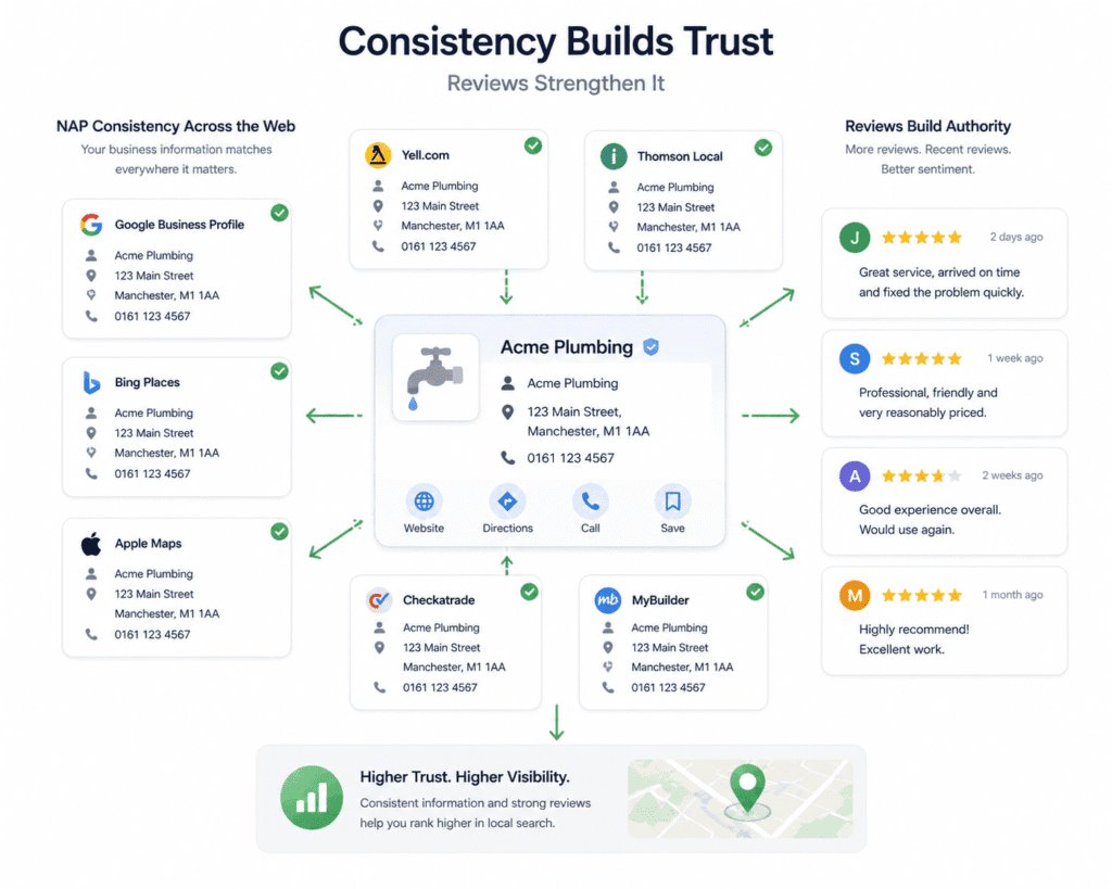Local SEO signals in a complete SEO audit for a small business website showing NAP consistency across directories and customer reviews building trust