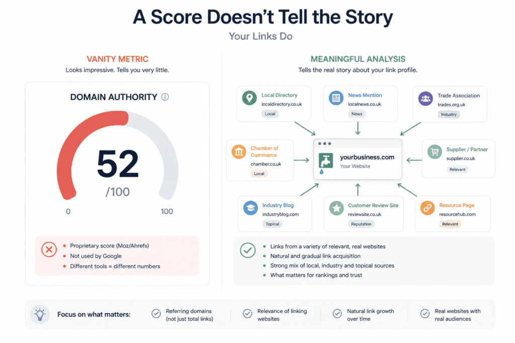 Backlink analysis in a complete SEO audit for a small business website showing difference between domain authority score and actual referring domains