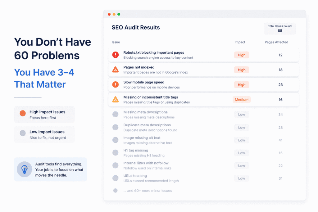 SEO audit results showing many minor issues versus a few high-impact problems in a complete SEO audit for a small business website
