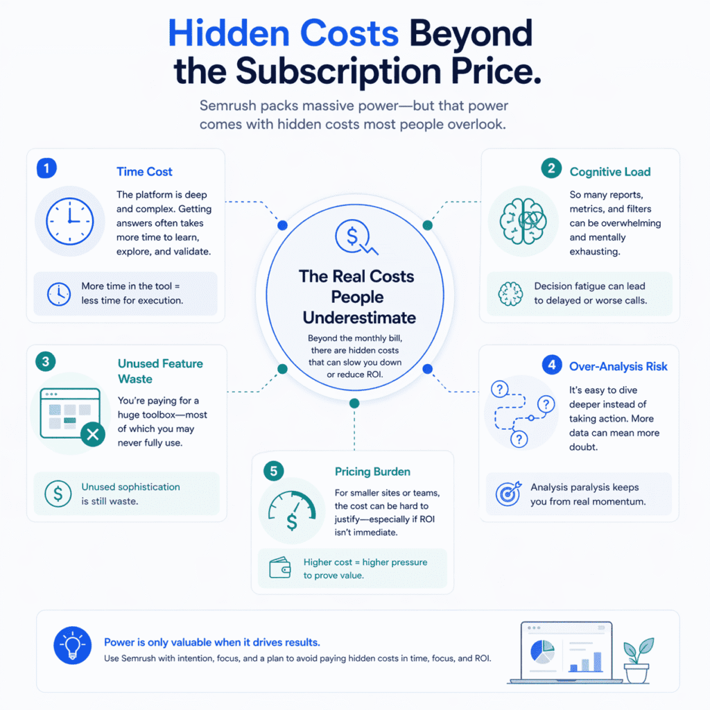 Infographic from a Semrush review illustrating hidden costs beyond subscription price, including time cost, cognitive load, unused feature waste, over-analysis risk, and pricing burden.
