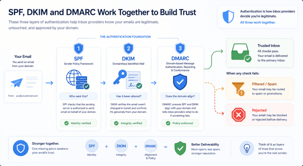 Email deliverability for small businesses: diagram explaining SPF, DKIM and DMARC as layered authentication checks, showing how sender identity, message integrity and domain alignment work together to help emails reach the inbox and avoid spam or rejection.