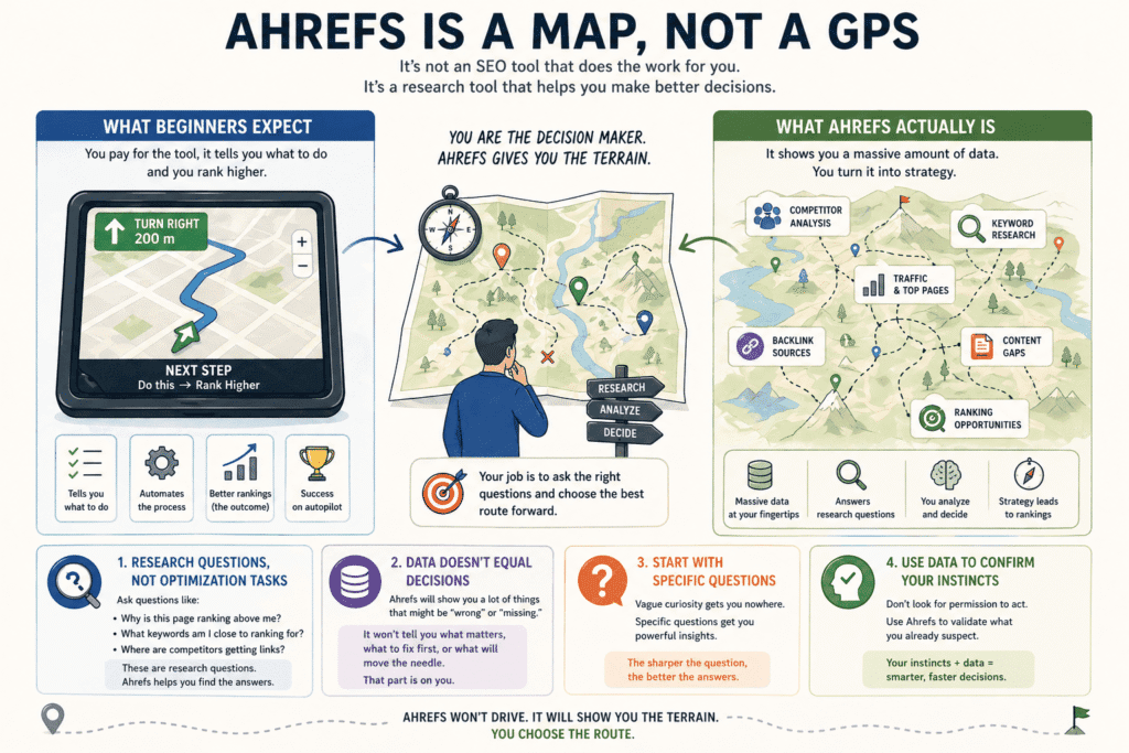 Ahrefs for beginners: a diagram comparing beginner expectations of automated SEO tools versus Ahrefs as a research-driven map for keyword research, competitor analysis, backlinks, and strategic decision-making.