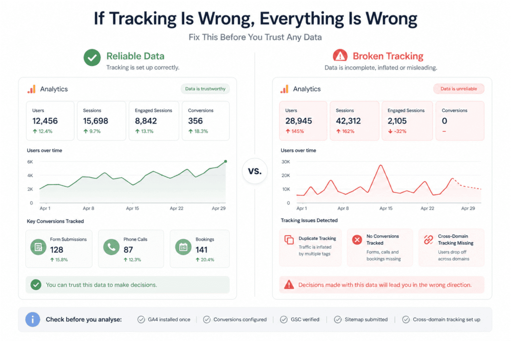 Comparison of accurate versus broken tracking in a complete SEO audit for a small business website showing reliable analytics versus misleading data