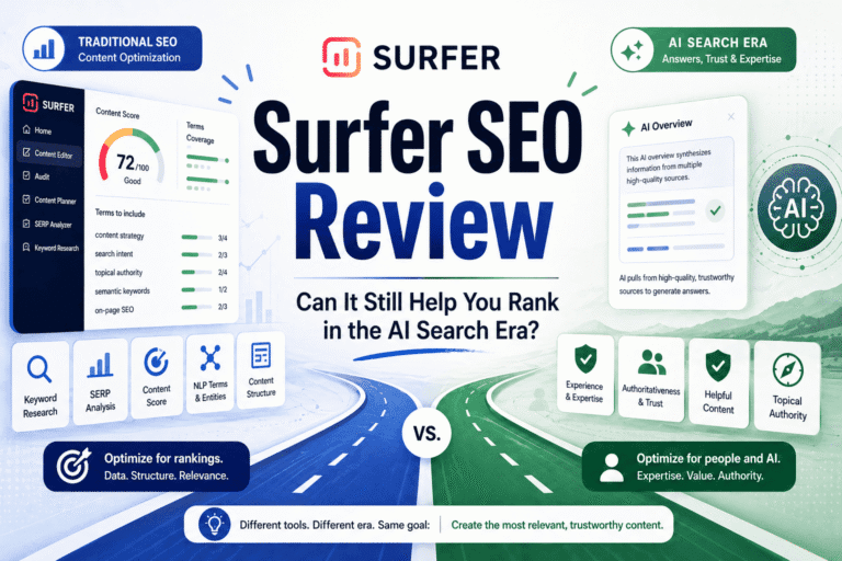 Featured image for this Surfer SEO review showing a split concept between traditional SEO content optimization and the AI search era, highlighting rankings, trust signals, and content strategy in modern search.
