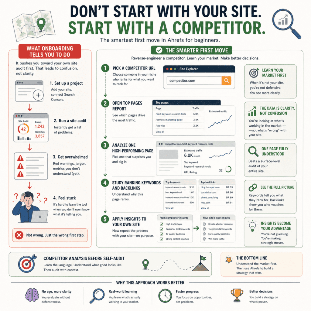 Ahrefs for beginners: a diagram showing why new users should start with competitor research before site audits, featuring a step-by-step workflow for analyzing top pages, keywords, backlinks, and applying insights to improve SEO strategy.
