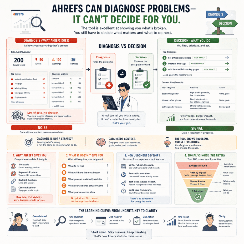 Ahrefs for beginners: a diagram showing the difference between diagnosis and decision-making, explaining how site audits surface issues but require human judgment to prioritize actions, filter signal from noise, and turn data into strategy.