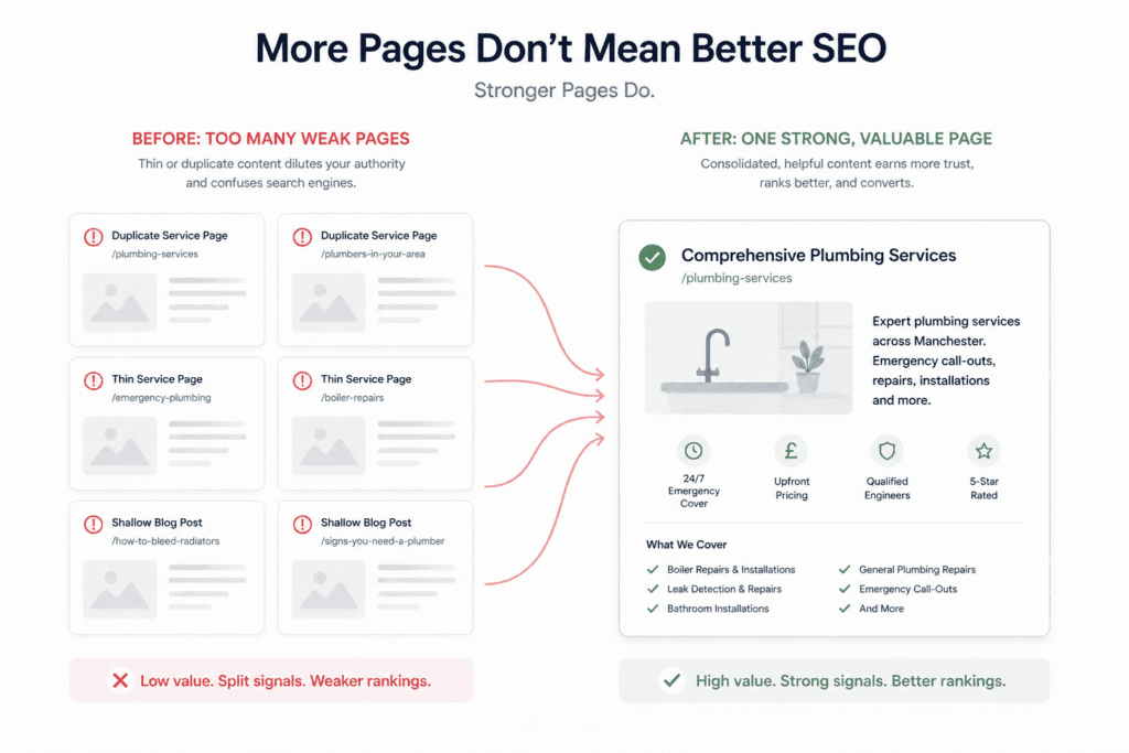Content consolidation in a complete SEO audit for a small business website showing thin and duplicate pages merged into one strong page