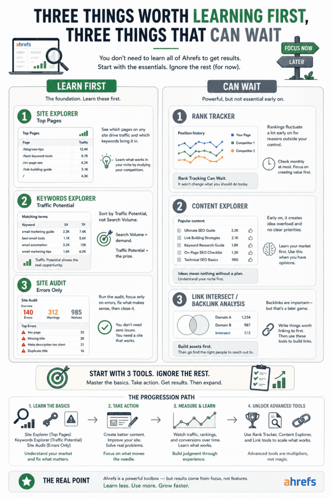 Ahrefs for beginners: a diagram comparing three features worth learning first—Site Explorer, Keywords Explorer, and Site Audit—versus advanced tools that can wait, including Rank Tracker, Content Explorer, and backlink analysis.