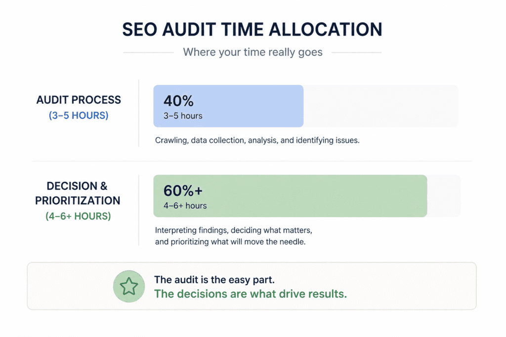 Time breakdown for a complete SEO audit for a small business website showing audit process (3–5 hours) versus decision-making and prioritization