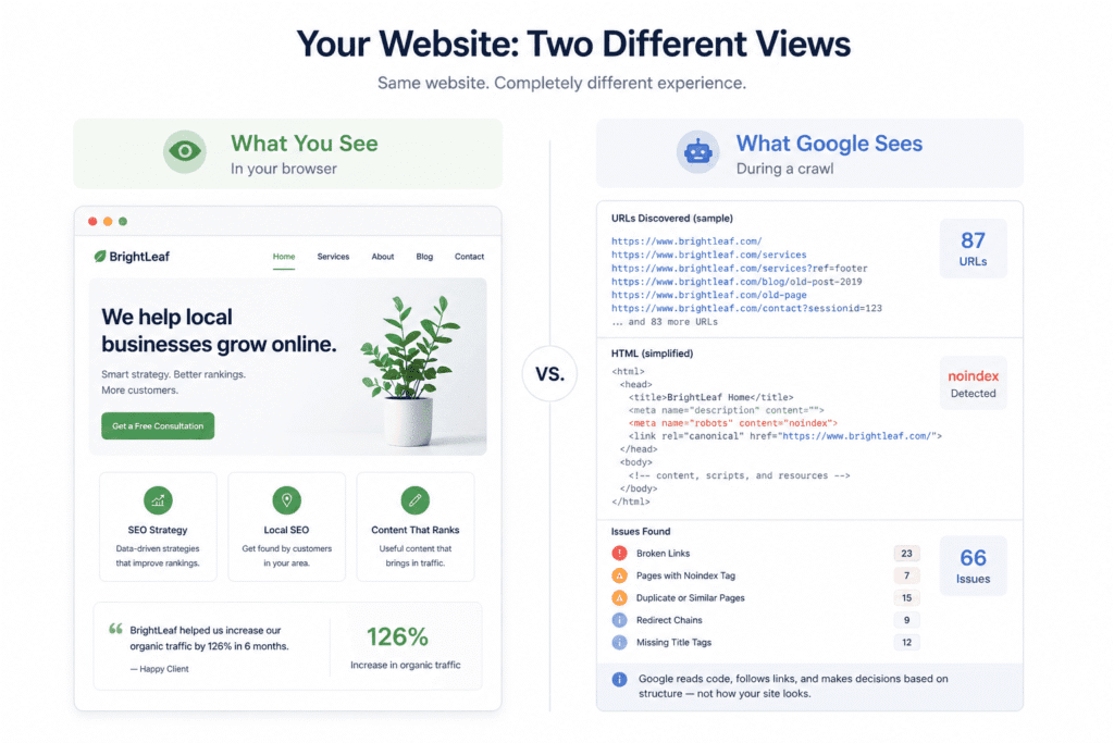 Comparison of how a website appears to users versus how Google sees it during a complete SEO audit for a small business website