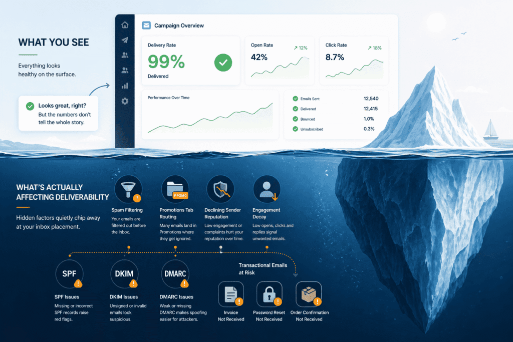 Email deliverability for small businesses: using an iceberg metaphor to show hidden deliverability risks beneath healthy-looking email metrics, including spam filtering, sender reputation decline, authentication issues, and failing transactional emails.