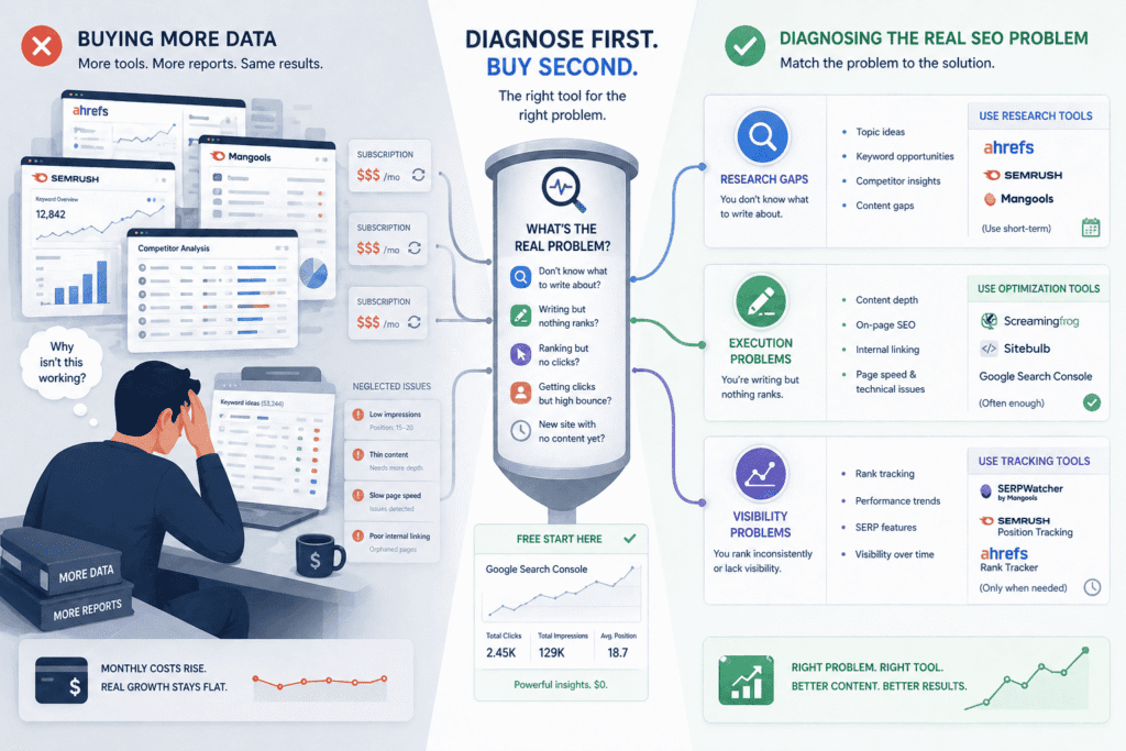 best SEO tools for small businesses: a diagram showing a split concept between buying more keyword research data and diagnosing the real SEO problem first, including research gaps, execution issues, visibility tracking, and matching the right SEO tools to each need.