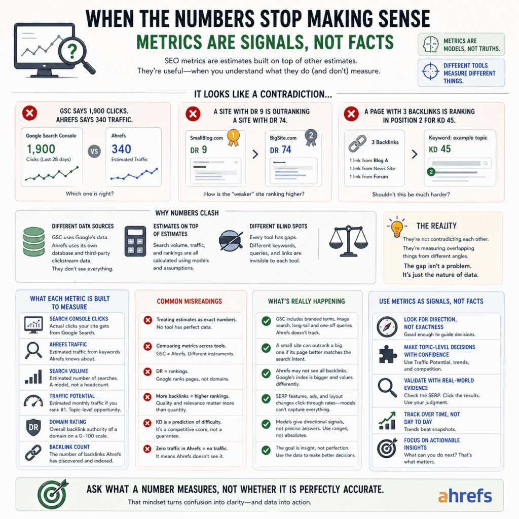 Ahrefs for beginners: a diagram explaining why SEO metrics can seem contradictory, comparing Search Console versus Ahrefs data, Domain Rating versus rankings, and backlink counts versus ranking difficulty, while showing how to treat metrics as signals rather than facts.