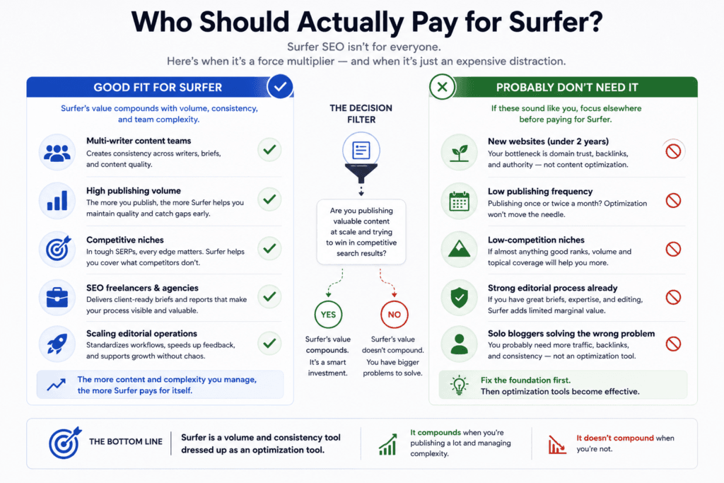 A diagram showing who benefits most from Surfer SEO, including multi-writer teams and high-volume publishers, versus users who may be better off without it, such as new sites, low-frequency publishers, and solo bloggers.