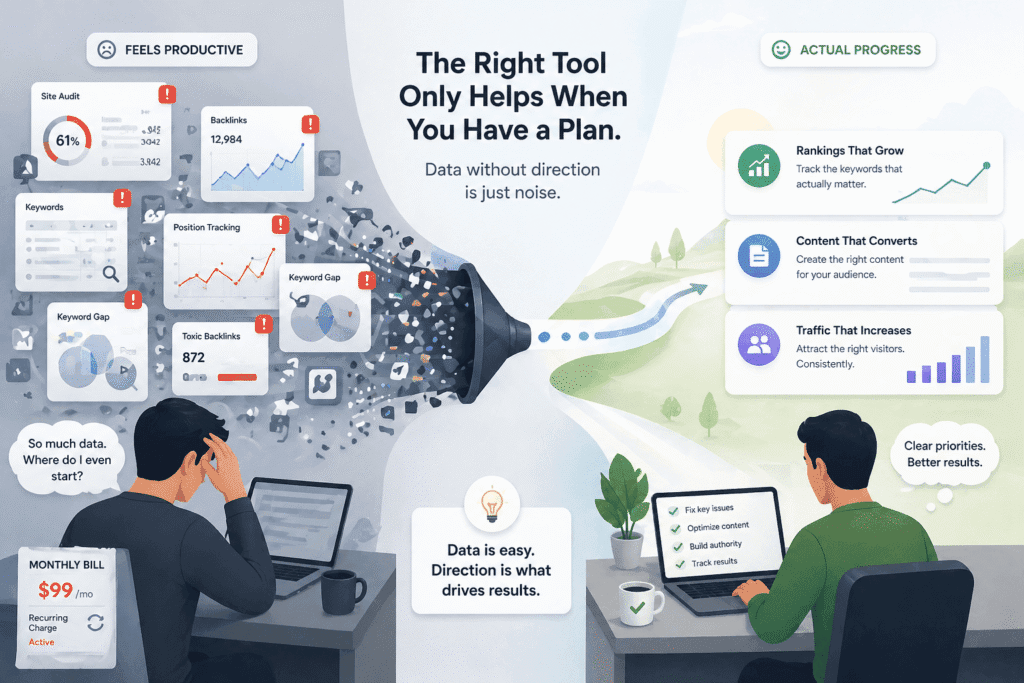 Editorial illustration for a best SEO tools for small businesses article showing a split concept between overwhelming SEO dashboards with excessive metrics and alerts versus a simplified strategic workspace focused on rankings, content growth, and actionable SEO priorities.
