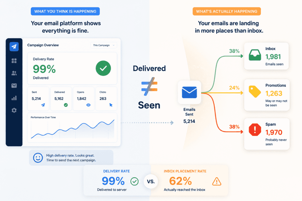 Email deliverability for small businesses: showing the difference between delivery rate and inbox placement, with a split-screen comparison of a 99% delivered email campaign versus emails routed to inboxes, promotions tabs, and spam folders.