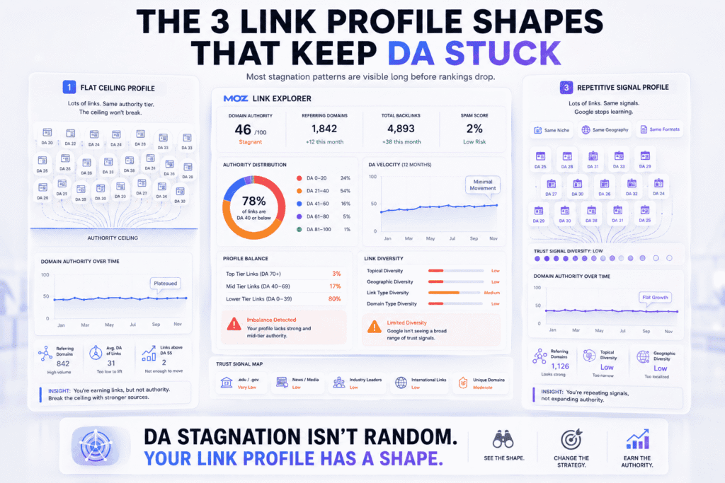 An infographic about Moz for SEO showing three backlink profile patterns that cause Domain Authority stagnation, including flat ceiling profiles with weak links, hollow authority structures with unstable high-authority links, repetitive trust signals, and Moz-style backlink analysis dashboards.