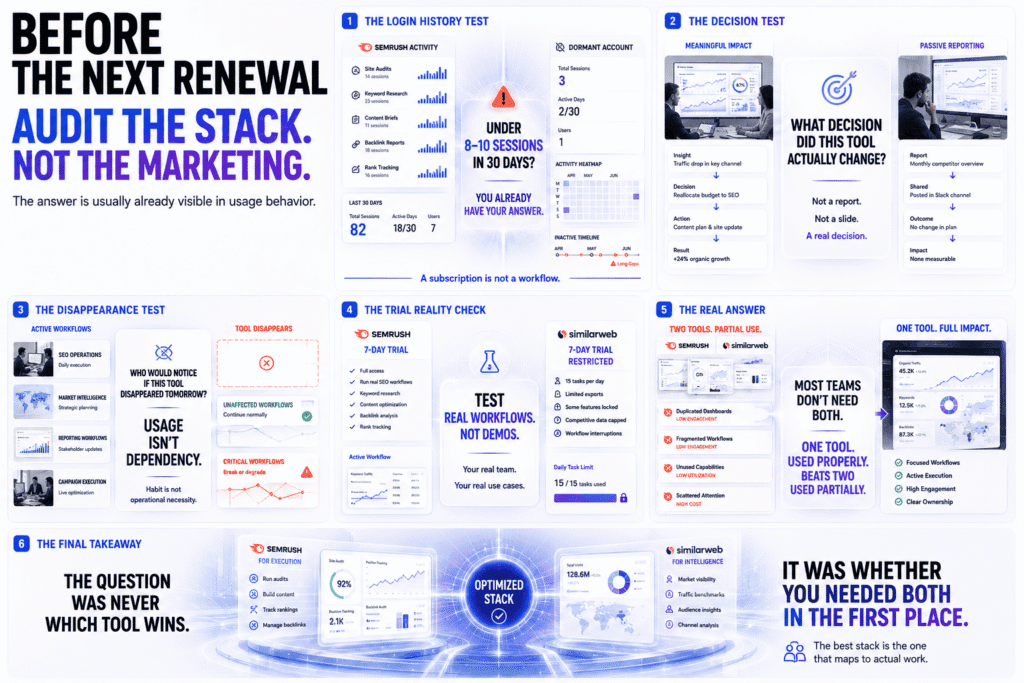 Semrush vs Similarweb infographic showing how to audit your SEO and intelligence software stack before renewal, featuring login activity analysis, workflow dependency tests, operational decision frameworks, trial comparisons, and optimized SaaS stack visualizations in a cinematic editorial design.