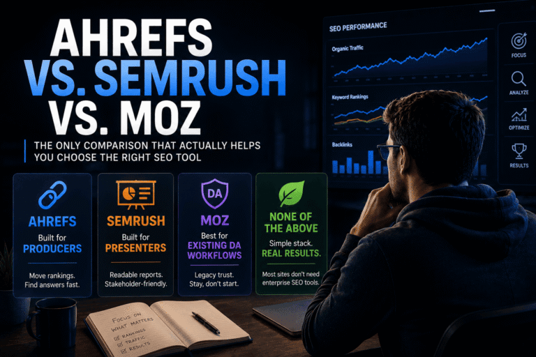Featured infographic for Ahrefs vs Semrush vs Moz comparing SEO tools based on real workflow fit, showing Ahrefs for SEO practitioners, Semrush for reporting and presentations, Moz for existing Domain Authority workflows, and free SEO tools for smaller sites.