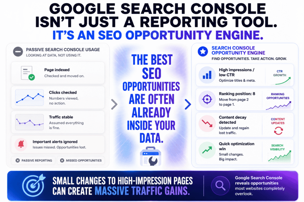 Free SEO tools infographic showing how Google Search Console helps uncover hidden SEO opportunities by identifying high-impression low-CTR pages, ranking opportunities, content decay, and quick optimization wins that can drive major traffic growth.