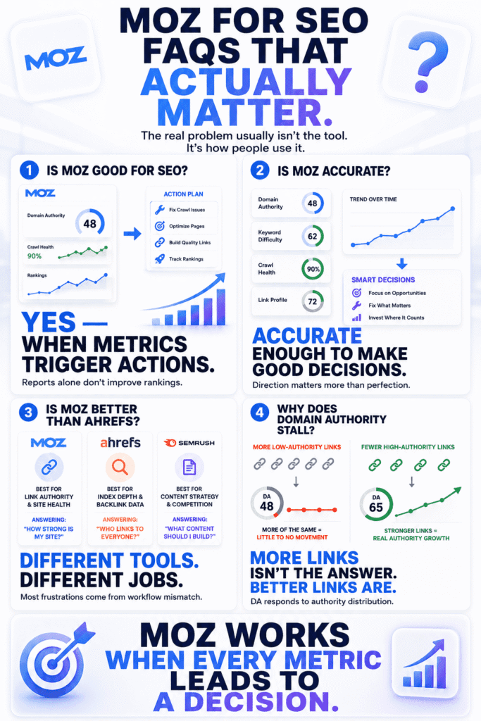 infographic about Moz for SEO FAQs in 2026 featuring large editorial typography, Moz dashboards, keyword research visuals, Domain Authority growth comparisons, and strategic SEO decision-making workflows comparing Moz, Ahrefs, and Semrush.