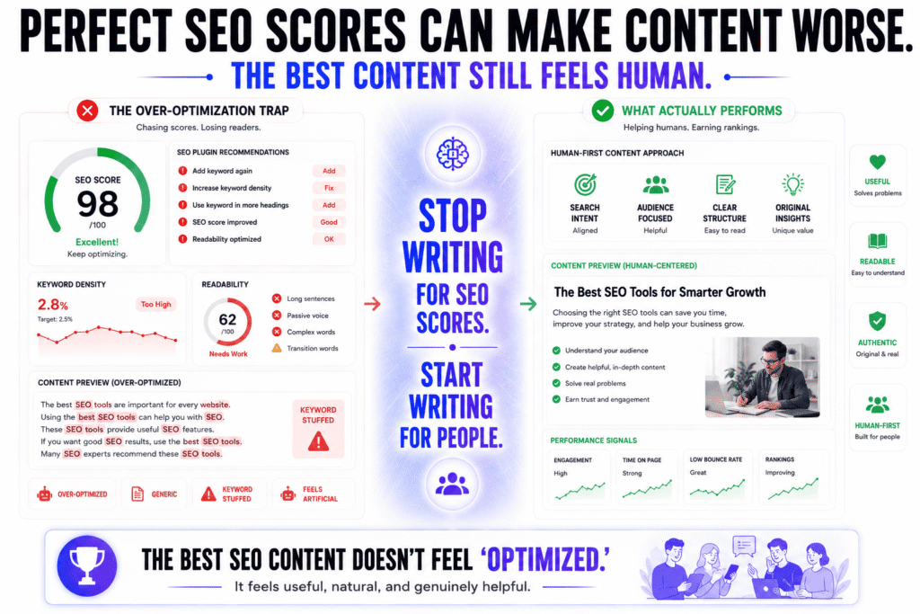 Editorial-style SEO visual comparing over-optimized content with human-centered content creation. The left side shows robotic SEO score chasing with keyword stuffing alerts, readability warnings, optimization checklists, and artificial SEO recommendations, while the right side highlights audience-focused writing, search intent alignment, authentic insights, readable structure, and strong engagement signals that improve rankings naturally.