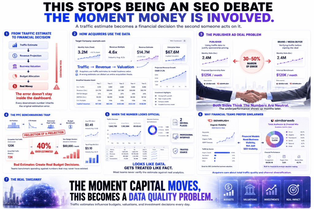 editorial infographic for Semrush vs SimilarWeb showing how inaccurate traffic estimates can impact financial decisions, including business valuations, acquisition models, PPC budgeting, publisher sponsorship deals, and investment strategies through premium analytics dashboards and financial intelligence visuals.