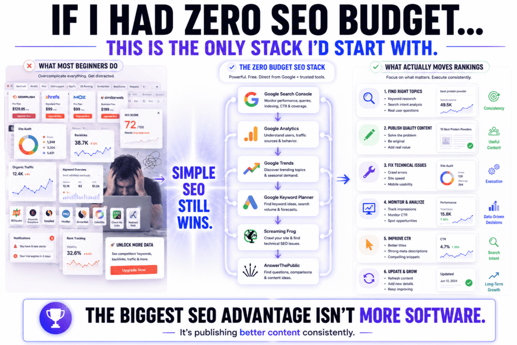 Zero-budget SEO workflow showing a simplified free SEO tool stack centered around Google Search Console, Google Analytics, Google Trends, Google Keyword Planner, Screaming Frog, and AnswerThePublic. The visual contrasts chaotic beginner SEO overload with a clean execution-focused workflow built around keyword research, technical SEO, publishing consistency, and content optimization.