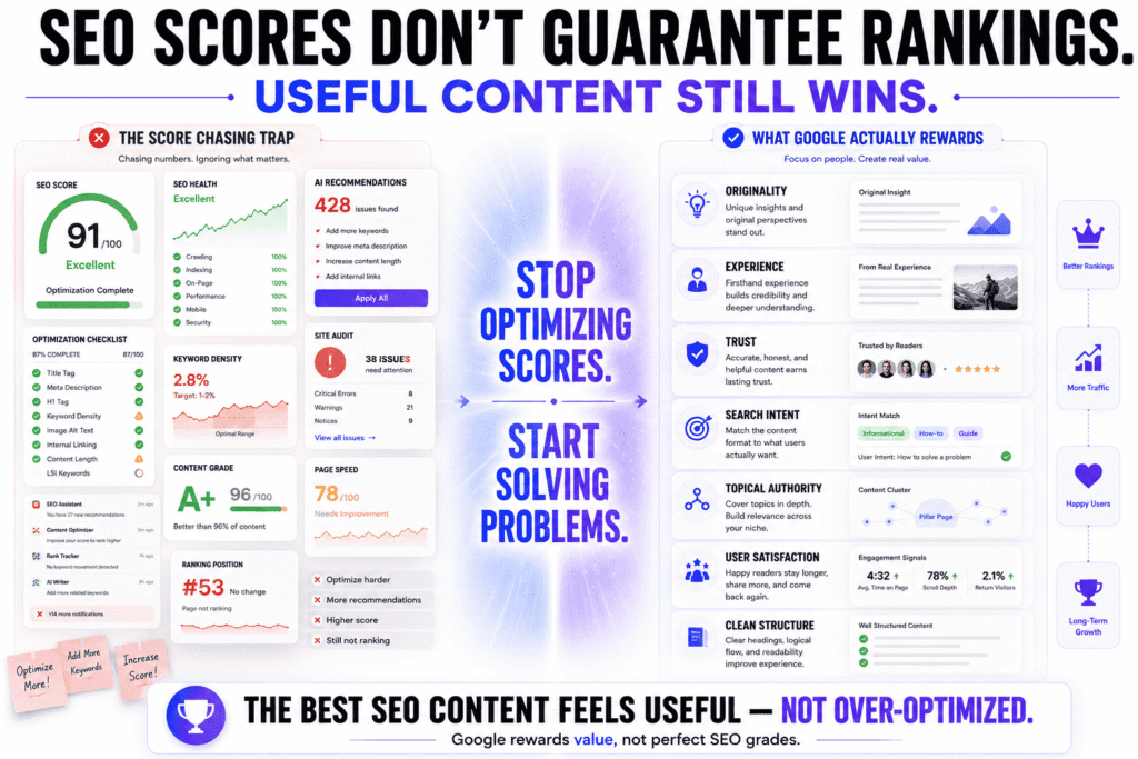 A visual contrasting score-chasing SEO workflows with strategy-driven content creation. The left side shows cluttered SEO dashboards, optimization scores, AI recommendations, and audit warnings, while the right side highlights originality, trust, search intent, topical authority, and user satisfaction as the factors Google actually rewards for long-term rankings.
