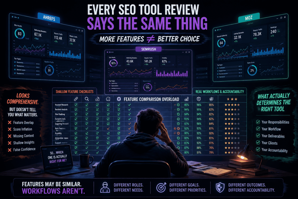 Infographic showing a frustrated SEO comparing Ahrefs, Semrush, and Moz feature tables — illustrating why feature-score comparisons fail to identify the right tool for your workflow and accountability structure.