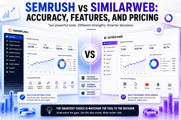 Featured image for a “Semrush vs SimilarWeb” comparison article showing premium side-by-side analytics dashboards for Semrush and SimilarWeb with large editorial typography, SEO and traffic analysis visuals, pricing and feature comparison elements, and cinematic blue and purple SaaS-style design accents.