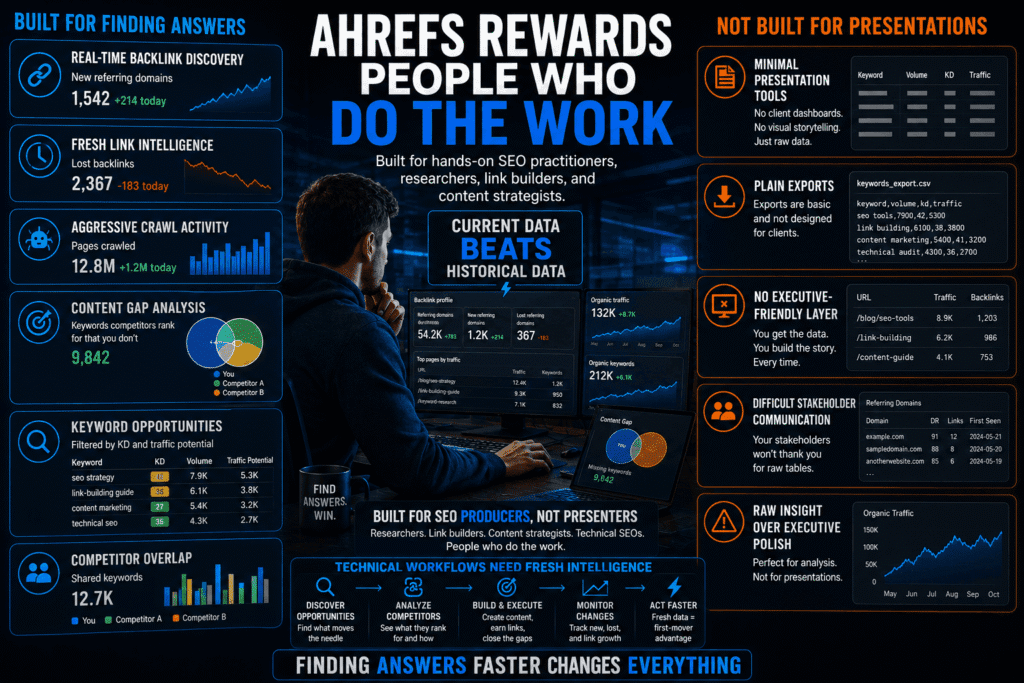 Infographic for Ahrefs vs Semrush vs Moz showing how Ahrefs prioritizes real-time backlink intelligence, content gap analysis, keyword research, and technical SEO workflows for hands-on SEO practitioners rather than executive reporting.
