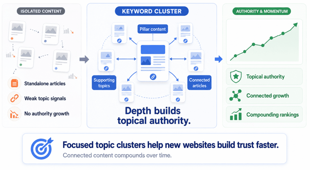 Illustration showing how keyword clusters help new websites build topical authority. The visual compares isolated standalone articles with a connected keyword cluster structure where supporting content links to a central pillar page, leading to stronger rankings, connected growth, and increasing search visibility.