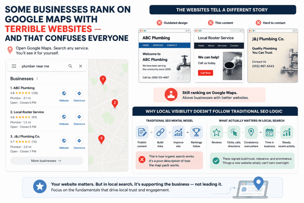 Visual illustration explaining why your business is not ranking on Google Maps even with a better website, showing poor-quality business websites ranking in Google Maps due to reviews, local trust signals, clicks, consistency, and behavioral factors instead of traditional SEO alone.