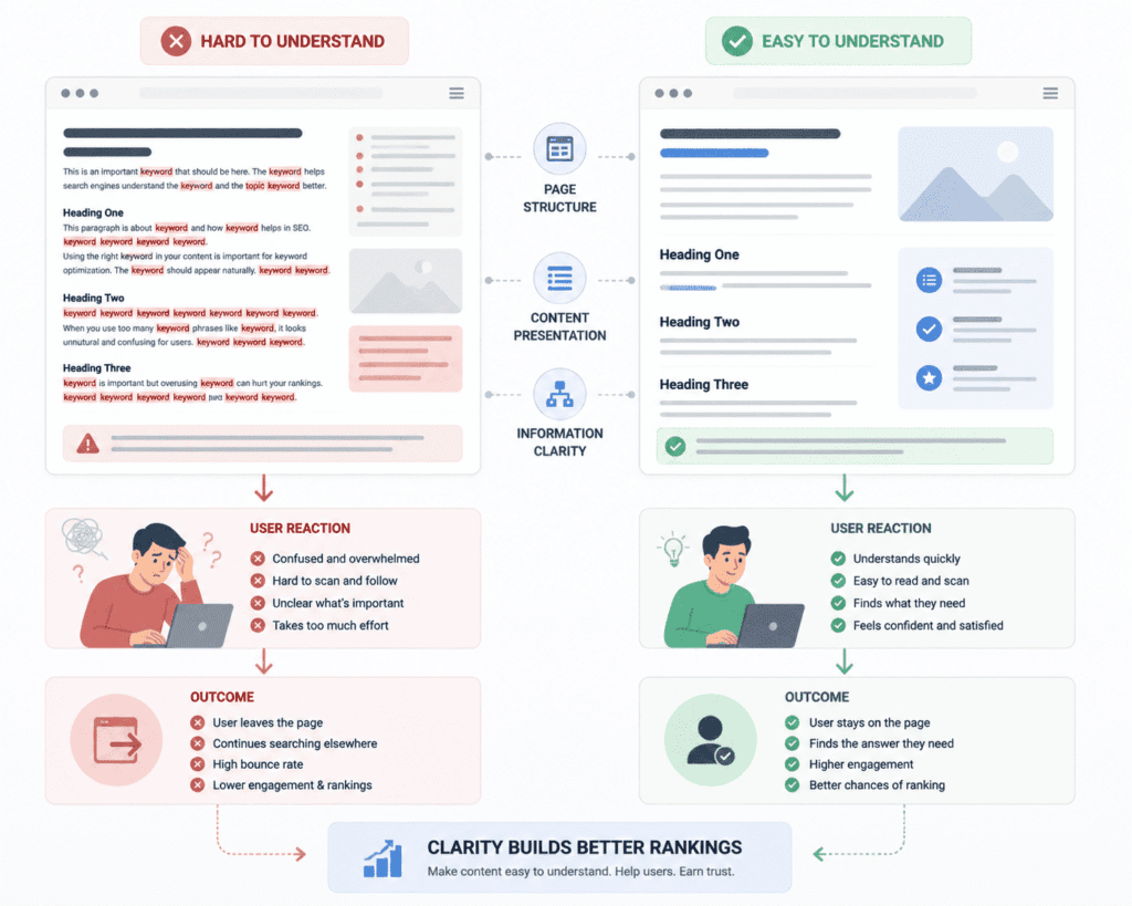 On-Page SEO comparison showing cluttered, keyword-heavy content versus clear, well-structured content and how it affects user behavior and search performance