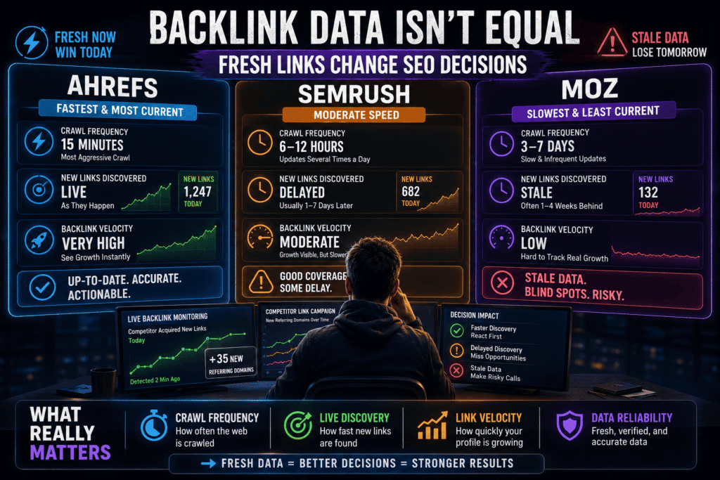 Infographic comparing backlink data freshness in Ahrefs vs Semrush vs Moz, showing differences in crawl frequency, live link discovery, backlink velocity, and data reliability for SEO monitoring and competitive analysis.