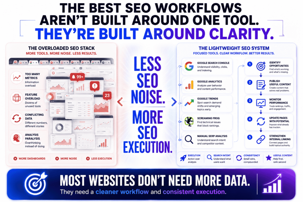 Free SEO tools infographic comparing overloaded all-in-one SEO platforms with a lightweight SEO workflow using Google Search Console, Google Analytics, Google Trends, Screaming Frog, and manual SERP analysis to improve execution, search intent targeting, and content performance.