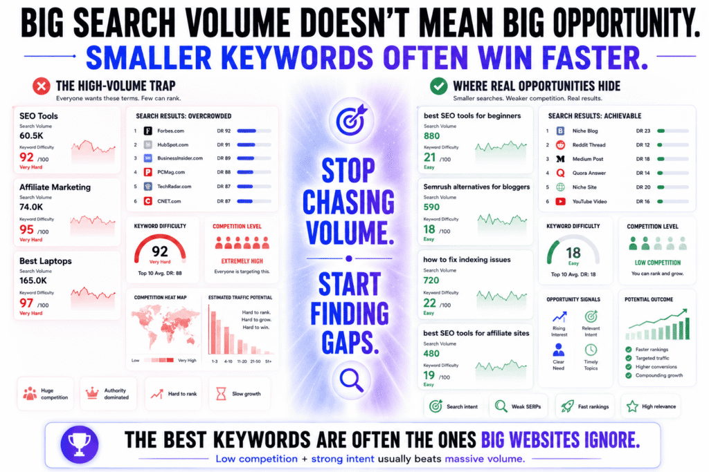 Editorial-style SEO visual comparing high-volume competitive keywords with smaller low-competition keyword opportunities. The left side shows crowded SERPs dominated by authority websites and difficult keywords like “SEO Tools” and “Affiliate Marketing,” while the right side highlights long-tail searches, weak SERPs, Reddit rankings, and beginner-focused keyword opportunities that are easier for smaller websites to rank for.