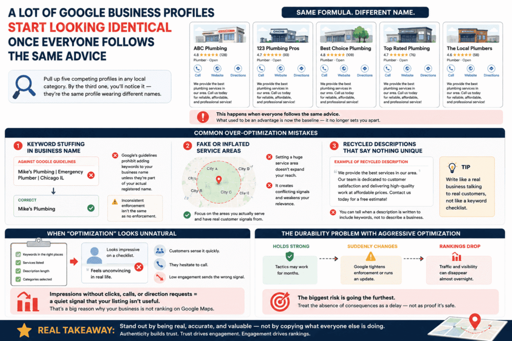 Visual illustration showing why your business is not ranking on Google Maps when businesses copy the same Google Business Profile optimization tactics, including keyword stuffing, fake service areas, recycled descriptions, low engagement, and over-optimized listings that look unnatural to customers.