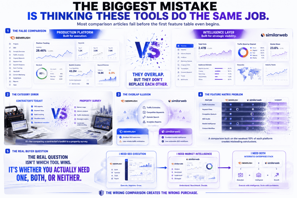 Semrush vs Similarweb: An infographic explaining why comparing the two platforms head-to-head creates misleading conclusions, featuring SEO execution dashboards, market intelligence analytics, collapsing feature matrices, and strategic buyer decision frameworks.