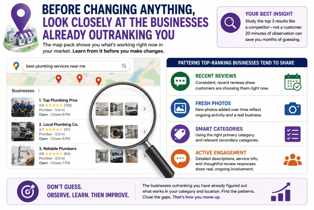 Visual illustration explaining why your business is not ranking on Google Maps by analyzing top-ranking local competitors, highlighting patterns such as recent reviews, fresh photos, correct business categories, and active customer engagement that successful Google Maps listings consistently share.