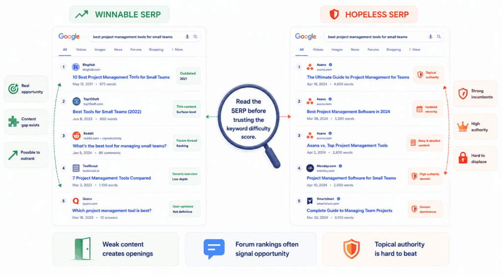 Illustration comparing a winnable SERP with a hopeless SERP for keyword research for new websites. One side shows outdated content, forum threads, thin articles, and mixed domains that create ranking opportunities, while the other shows strong niche authority sites, expert content, recent updates, and domain dominance that make the keyword difficult to compete for.
