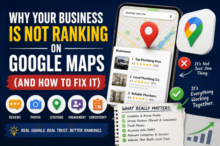 Featured image for an article about why your business is not ranking on Google Maps in 2026, showing a Google Maps business listing with ranking factors like reviews, photos, citations, engagement, consistency, and local trust signals that influence Google Maps visibility and rankings.