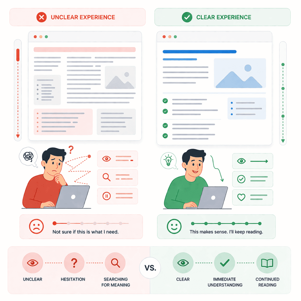 On-Page SEO diagram showing the first-time visitor experience, comparing unclear content that causes hesitation with clear content that leads to immediate understanding and continued reading